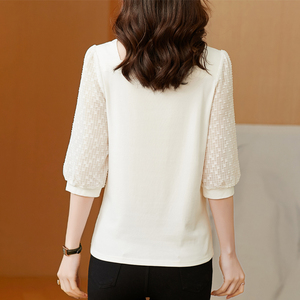 全棉七分袖t恤女2022新款时尚小衫方领正肩上衣纯棉t恤女装夏款