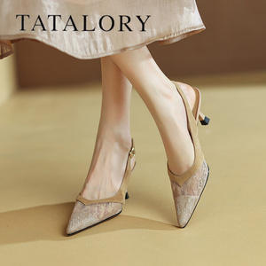 TATA LORY女鞋性感尖头单鞋2023新款时尚包头凉鞋细跟蕾丝高跟鞋