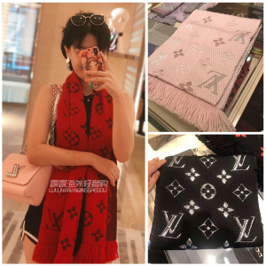 代购lv围巾经典长款流苏女士围脖红色羊毛双面披肩唐嫣同款m72432
