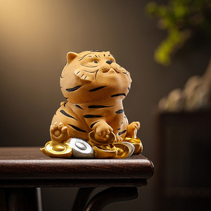 老虎摆件创意玄关生肖虎年吉祥物家居桌面办公室装饰招财茶宠陶瓷