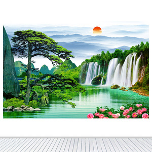 瀑布客厅装饰画风水招财山水画流水生财迎客松办公室墙贴壁画自粘