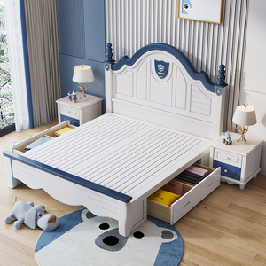 美式儿童床男孩1.5m单人床实木床现代简约青少年1.2米储物 王子床