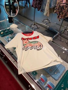 国内现货S码Gucci古驰男红边圆领套头涂鸦猫咪米白色短袖士T恤夏