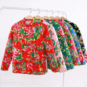 大花布睡衣偏襟被面子东北衣服中国风加厚牡丹花棉袄演出服棉麻女