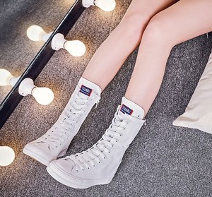 长筒款女帆布鞋春季中腰鞋子拉链大码高筒潮靴子平底百搭高帮休闲