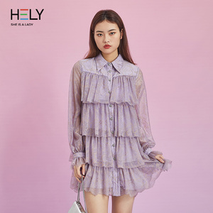 hely紫色衬衫蛋糕裙气质精致中长款连衣裙2022夏季女装长袖网纱裙