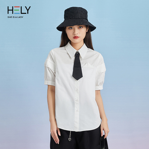 hely2022夏季新款女装短袖白色衬衫可拆卸领带气质通勤衬衣