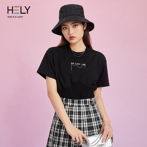 hely纯色短款收腰t恤时尚休闲2022夏季新款女装宽松修身百搭上衣
