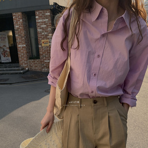 春装新款韩版宽松烟灰紫色设计师经典长袖衬衫港味复古chic上衣女