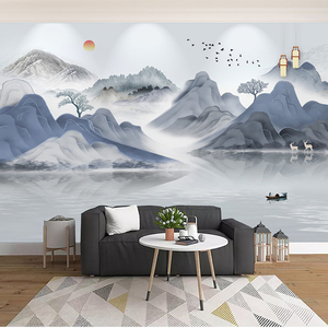 中国风大气电视背景墙壁纸8d新中式抽象山水画墙纸客厅3d墙布