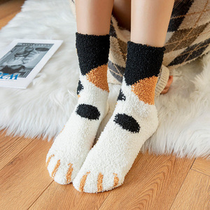 成都重庆猫爪袜半边绒秋冬中长筒加绒加厚保暖麻花地板睡眠袜发货