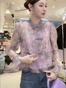 新中式国风网纱微透长袖衬衫女唐装气质盘扣小衫设计感小众上衣春