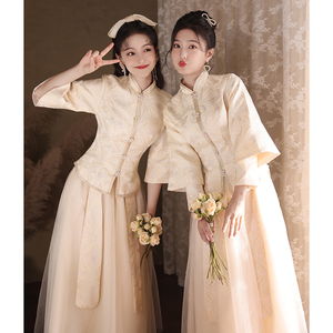中式伴娘服2024新款冬季香槟色姐妹团礼服裙女长袖加厚冬天高级感