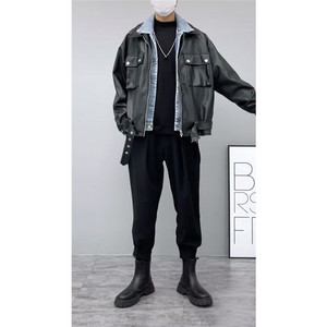 潮流前线网红气质套装秋冬新款牛仔假两件皮衣外套宽松休闲束脚裤