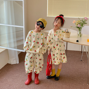 儿童姐弟装套装春秋男女童韩版花朵卫衣卫裤两件套幼儿园兄妹装潮