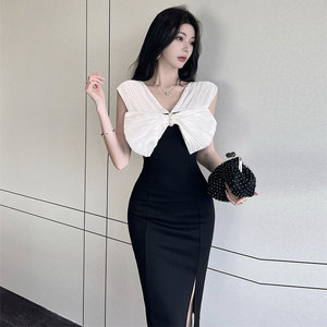 御姐高级感蝴蝶结背带v领修身包臀晚礼服法式连衣裙夏季2022新款