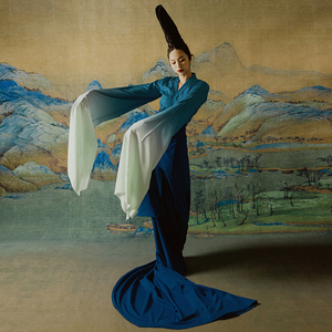 中国古典舞春晚只此青绿舞蹈服水袖广袖汉服飘逸上衣汉唐演出服装