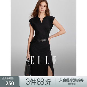 ELLE黑色设计感收腰开叉修身连衣裙女2024夏季新款简约小众裙子