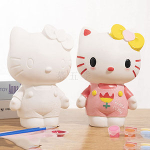 diy手工hellokitty暗黑猫摔不坏石膏娃娃kitty彩绘白胚涂色存钱罐