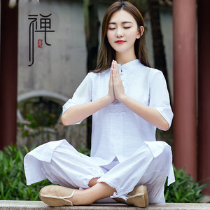 打坐禅修服女夏中国风佛系禅意棉麻太极瑜伽套装高端居士服年轻款