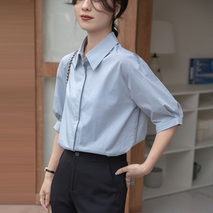 蓝色五分袖衬衫女夏薄款设计感百搭宽松中袖衬衣职业通勤面试上衣