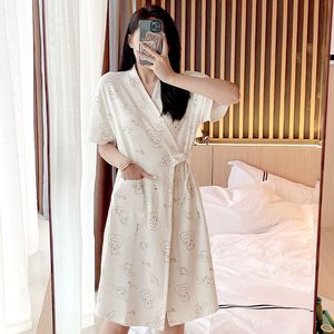 维多利亚纯棉和服睡裙女夏季薄款短袖日式睡袍中长款卡通印花浴袍