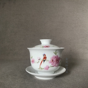 景德镇厂货瓷器7501毛瓷经典款手绘水点桃花三才盖碗茶杯中式茶具