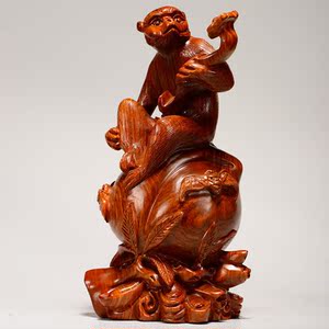 花梨实木雕刻如意猴子摆件木头根雕十二生肖猴红木家居装饰工艺品