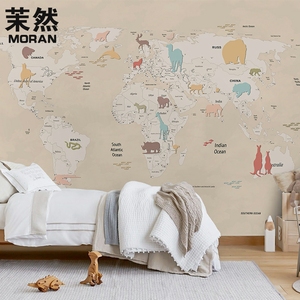 世界地图动物儿童房环保无纺布墙纸男孩女孩卧室壁纸墙布定制壁画