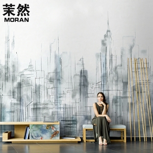简约现代手绘城市建筑墙纸壁纸抽象卧室床头墙布餐厅艺术轻奢壁画