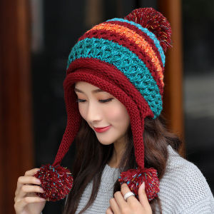 三球护耳毛线帽