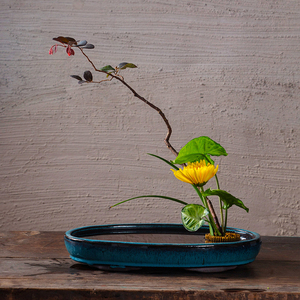 新椭圆蓝釉紫花盘水小原流写景写意陶道插盆花瓷砂器花花软奢华.