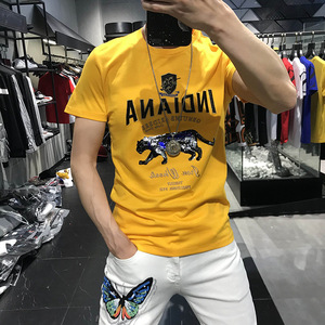 诺依得森欧洲站男士t恤个性潮流豹子刺绣圆领短袖诺得森精品男装