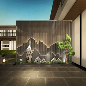 不锈钢假山屏风隔断水影壁室外庭院工程定制轻奢新中式格栅背景墙