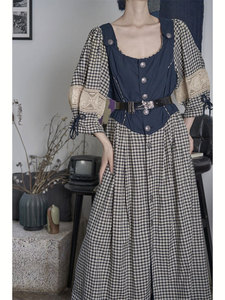 vintage宫廷风法式桔梗束腰森女系设计感复古拼接格子连衣裙春装