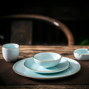 中式酒店摆台套装镶金六件套盘碗勺杯味碟筷架商用骨碟碗陶瓷餐具