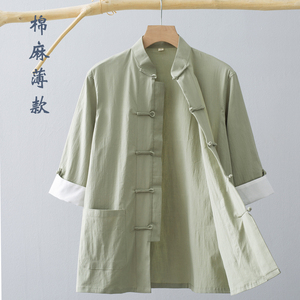 唐装夏季男女同款中袖中国风棉麻居士禅修打坐汉服中式中山装t恤