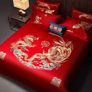 洁优曼高端棉龙凤呈祥四六件套十件套喜庆大红被奢华结婚床上用品