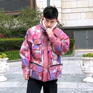 supreme联名潮牌多口袋扎染冲锋衣户外休闲夹克男女迷彩工装外套