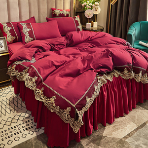 公主风婚庆红色床上用品四件套欧式轻奢蕾丝花边被套床罩床裙款女