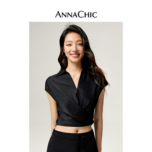 ANNACHIC黑色Polo领衬衫女夏季新款修身显瘦衬衣设计短款绑带上衣