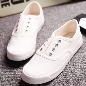 一脚蹬布鞋女没有鞋带的小白鞋平底全白懒人鞋休闲女鞋纯白帆布鞋