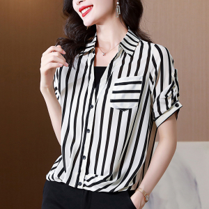 正品哥弟新款真丝衬衫女短袖夏季条纹减龄小衫高端大牌桑蚕丝上衣
