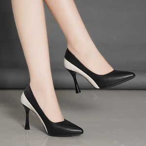 足意尔康单鞋女尖头浅口真皮细跟高跟拼色上班皮鞋职业工作鞋