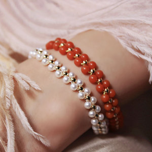 天然淡水akoya珍珠正圆强光无暇小米珠保山南红玛瑙手链18k金手串