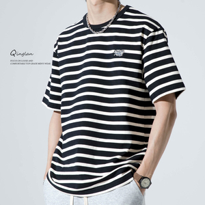黑白条纹短袖t恤男潮牌宽松大码日系重磅休闲设计感小众体恤夏季