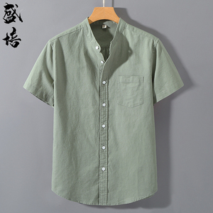 中国风夏季棉麻男士休闲衬衫短袖纯色百搭小立领亚麻衬衣男装上衣