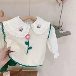 韩国童装女童毛衣马甲白色衬衣两件套洋气时髦女宝宝针织背心套装