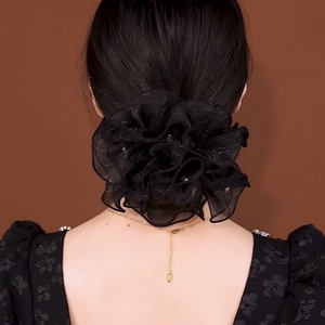 韩版高档绢纱珍珠大肠圈头花法式优雅气质丸子头发圈网纱粗扎发绳