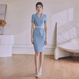 2022夏假两件连衣裙正式场合西装裙高端主持人正装职业套装裙蓝色